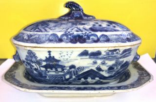 Antique Chinese Porcelain Terrine Plate Bowl Qianlong Period 18thc Blue & White