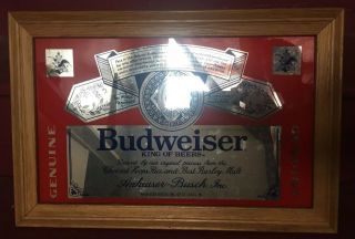 Budweiser Beer Anheuser Busch Mirror Picture Sign Wood Frame 18 1/2 " X 12 1/2 "