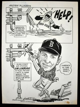 1967 Jim Lonborg Saves Red Sox Baseball Cartoon Art By Eddie Germano