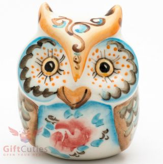 Porcelain Owl Figurine Multi Colors Handmade In Russia Gzhel Style