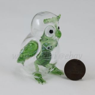 Green Owl W Baby In Tummy Hand Blown Glass Miniature Figurine