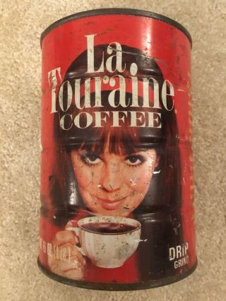 Vintage La Touraine Marlo Thomas One Pound Tin Coffee Can Woman Model Lady 1960s