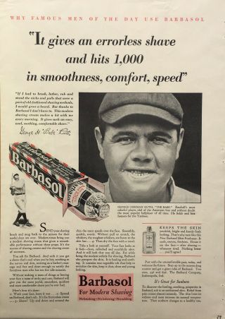 1929 Barbasol Antiseptic Beard Softener,  Featuring Babe Ruth Vintage Print Ad