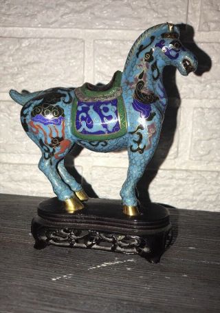 Vintage Chinese Cloisonne Enamel 5” Horse Figurine Carved Wood Stand