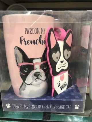 Pink French Bulldog Tall Travel Mug And Luggage Tag Set -