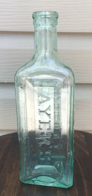 Ayers Lowell Massachusetts Green Sarsaparilla Bottle With Partial Label 8 1/2 " T