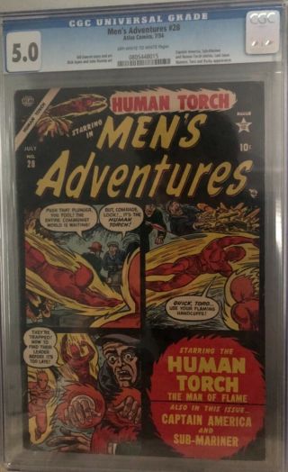 Men’s Adventures 28 Cgc 5.  0 Scarce Final Issue Captain America,  Human Torch
