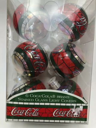 Coca Cola Christmas Tree Stained Glass Light Cover Ornaments Set of 6 2