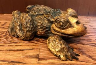 Vintage Hand Carved Large Wooden Frog Figurine - 9 "