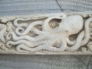 HUGE 3 Foot Carved Bone Scrimshaw Swordfish Rostrum With Marine Scenes Octopus 3
