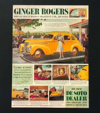 1938 Desoto Advertisement Ginger Rogers Hollywood Artwork Vintage Car Print Ad