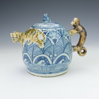 Vintage Japanese Arita Porcelain - Blue & White Tiger & Monkey Cadogan Teapot