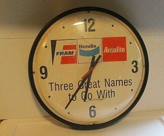 Vintage Fram Bendix Autolite Automotive Wall Clock Keeps Accurate Time