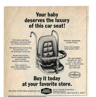 Vintage 1966 Baby Car Seat Black & White Ad Union Carbide Ny