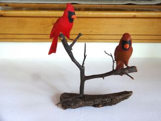Vintage 1977 Carved Wood Male Female Cardinal Birds On Branch Signed Harry Baker