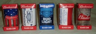 Budweiser & Bud Light Can Shaped Glass Set Of 5 Red White Blue Nib 10 Oz