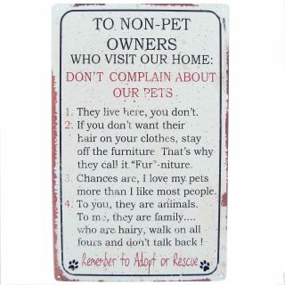 Pet Owner Animal Lover Home Rules For Non Owners Funny Cat Dog Metal Sign Decor