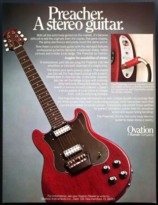 1979 Ovation Preacher Solid - Body Stereo Electric Guitar Photo Vintage Print Ad