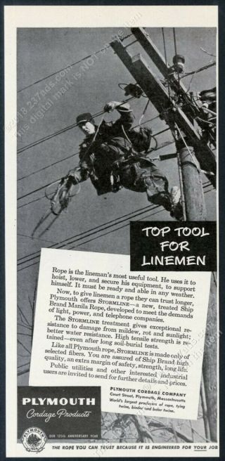 1949 Electrical Power Lineman Photo Plymouth Cordage Rope Vintage Print Ad