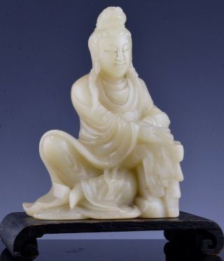 Fine Antique Chinese Yellow Soapstone Guanyin Figure W Knowledge Scroll Stand