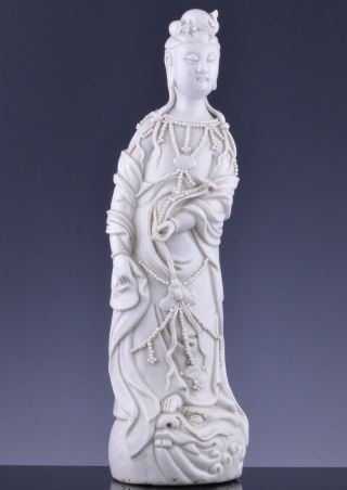 Fine Old Chinese Blanc De Chine Dehua White Porcelain Guanyin W Scepter Figure