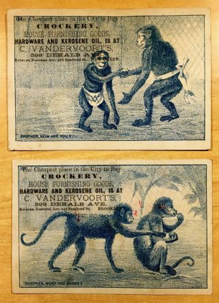 2 Victorian Trade Cards Monkeys W/ Masonic Apron C1880 