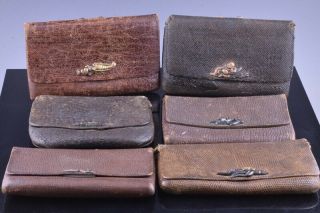 Six Old Japanese Leather Shakudo Tobacco Pouches W Mixed Metal & Silver Clasps
