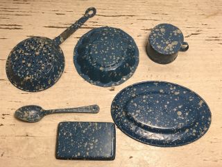6 pc.  Vintage Salesman Sample Granite/Enamelware Cook Set Frying Pan Cup Spoon 5