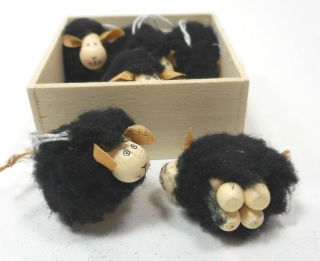 Mini Wooly Black Sheep Ornaments Set Of 6 In Wood Box