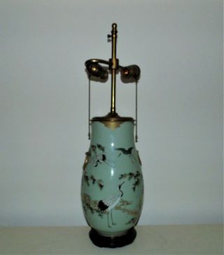 19th C.  Chinese Celadon Lamp Vase Form Porcelain Cranes Birds & Bamboo Asian