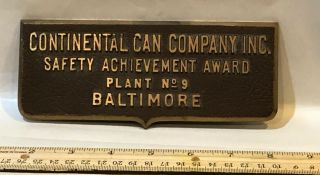 Vintage Continental Can Co Baltimore Safety Award Brass Plaque