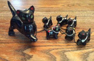 Vintage Ceramic Black Momma Cat With 6 Kittens Chain Mid Century Modern Retro