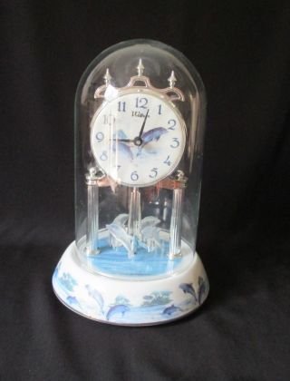 Waltham Anniversary Dolphin Glass Domed Mantle Clock Porcelain Base & Dial