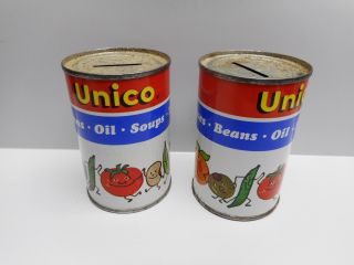 Vintage - Two " Unico " Advertising Tin Can Banks - Unico Foods Limited - Ontario