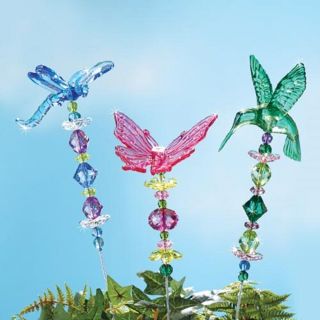 Set Of 3 Blue Dragonfly Pink Butterfly Green Hummingbird Garden Stakes Yard 18 " H