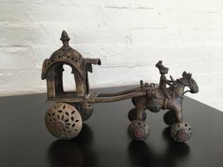 India Brass Temple Toy Horse & Rider And Carriage On Wheels.