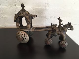 India Brass Temple Toy Horse & Rider and carriage on wheels. 2