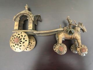 India Brass Temple Toy Horse & Rider and carriage on wheels. 5