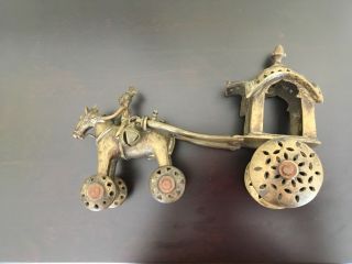 India Brass Temple Toy Horse & Rider and carriage on wheels. 6