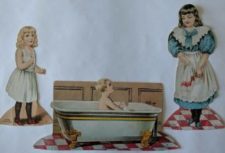 Antique Lion Coffee Advertising Paper Stand - Up Dolls " The Bath Room " Set Of 3