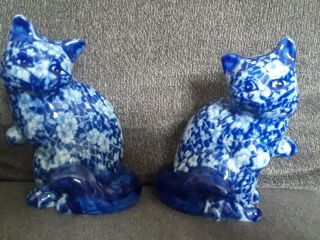 Pair Vintage Pottery Cat Fig.  Cobalt Delft Blue Floral Flower Pattern 6 1/2 "