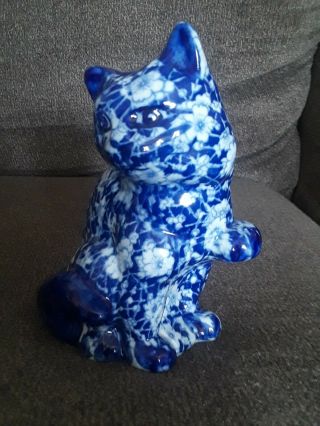 PAIR VINTAGE Pottery Cat Fig.  Cobalt Delft Blue Floral Flower Pattern 6 1/2 
