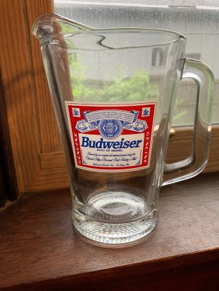 Budweiser Glass Pitcher 9 " Tall King Of Beers Vintage Usa Made