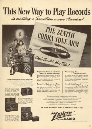 1946 Vintage Radio Phonograph Ad Zenith Cobra Tone Arm Record Players 011418