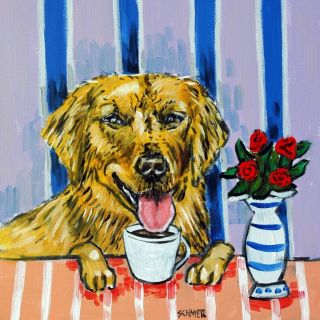 Golden Retriever At The Cafe Coffee Shop Dog Art Tile Coaster Gift Artwork