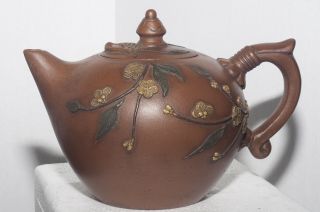 Chinese Yixing Teapot With Plum Blossoms & Mark Of Ntl Grand Master Jiang Rong