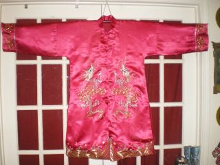 Stunning Old Chinese Magenta Silk Jacket/robe W/embroidered Silver/gold Dragons