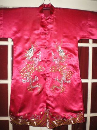Stunning Old Chinese Magenta Silk Jacket/Robe w/Embroidered Silver/Gold Dragons 2