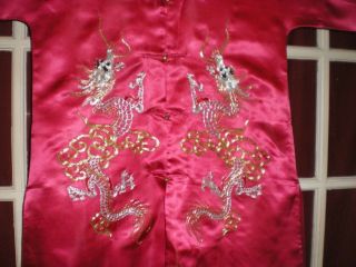Stunning Old Chinese Magenta Silk Jacket/Robe w/Embroidered Silver/Gold Dragons 3