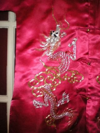 Stunning Old Chinese Magenta Silk Jacket/Robe w/Embroidered Silver/Gold Dragons 4